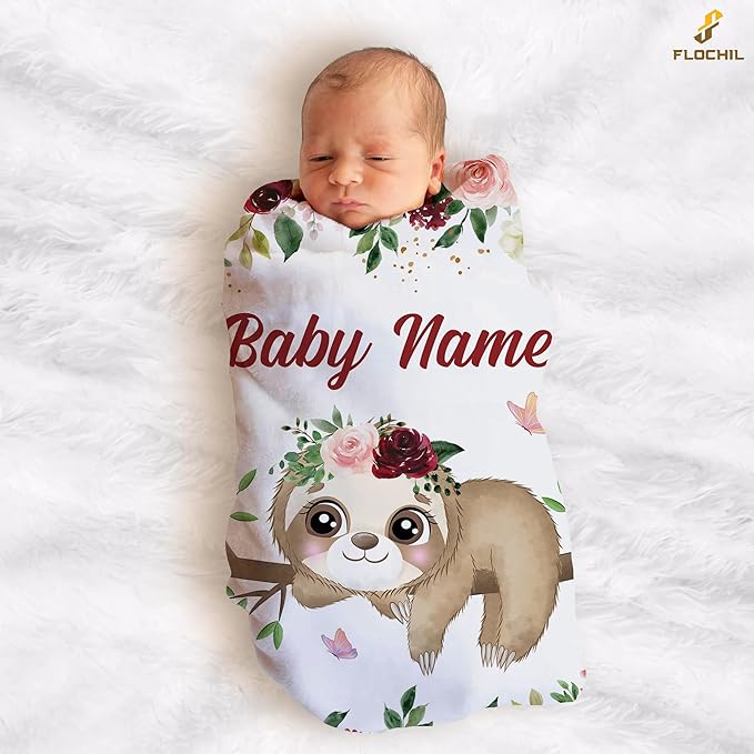 FLOCHIL Personalized Baby Blanket for Girls, Custom Baby Blanket with Name, Customized Baby Products, Gift for Baby, Newborn, Baby Shower (Sloth)