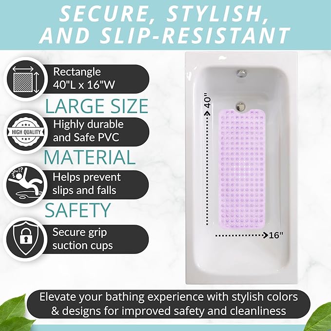 ENKOSI Bath Mat - Large Non Slip Bathtub & Shower Mat - Extra Long 40 x 16 Inch Bathroom Mats for Tub Nonslip Anti Slip Bathmats (40x16 Clear Purple 1-Pack)