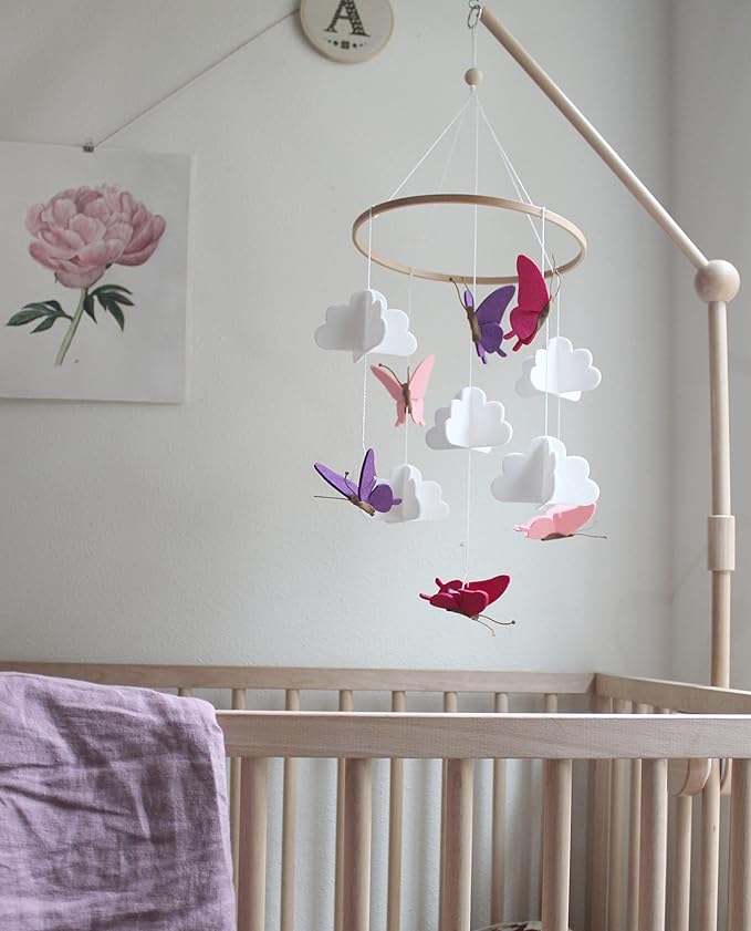 Sorrel + Fern Baby Crib Mobile - Butterflies in The Clouds Nursery Crib Decoration for Girls & Boys - Pink & Purple