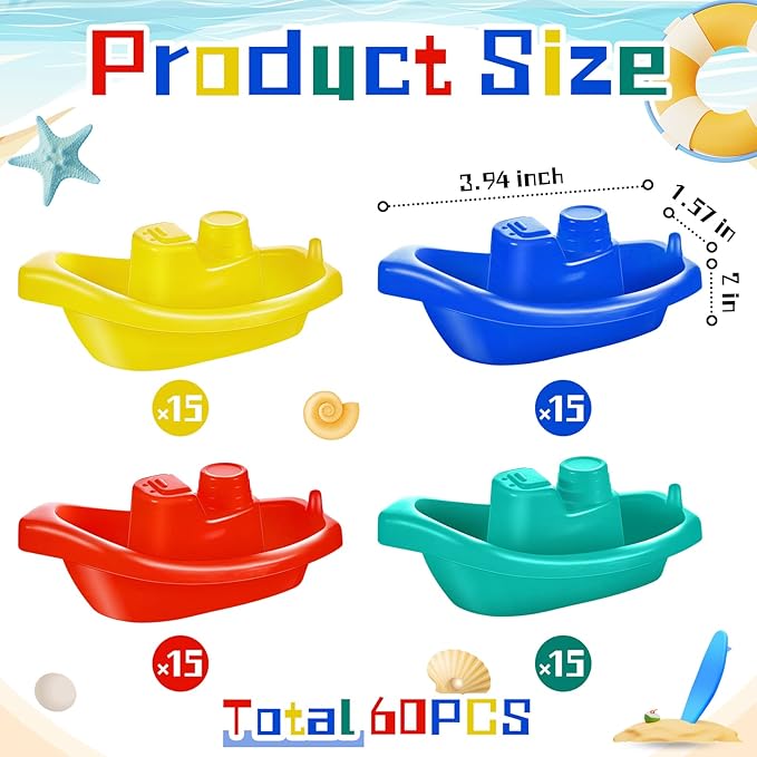 60 Pieces Little Boat Bath Boats Toy Bathtub Toys Stackable Boat Bath Toys Floating Plastic Pool and Bathtub Toys for Baby and Toddler Summer Water Toys, 4 Colors