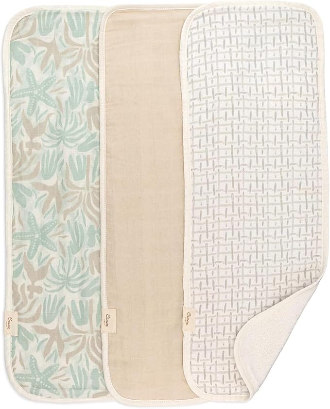 Crane Baby Muslin Baby Burp Cloths, Lightweight Absorbent Burp Cloth, Beach Life Starfish, Set of 3, 7” x 20”, Newborn Baby Essentials, Burp Cloths Baby Boy, Burp Cloths Baby Girl, Newborn Essentials