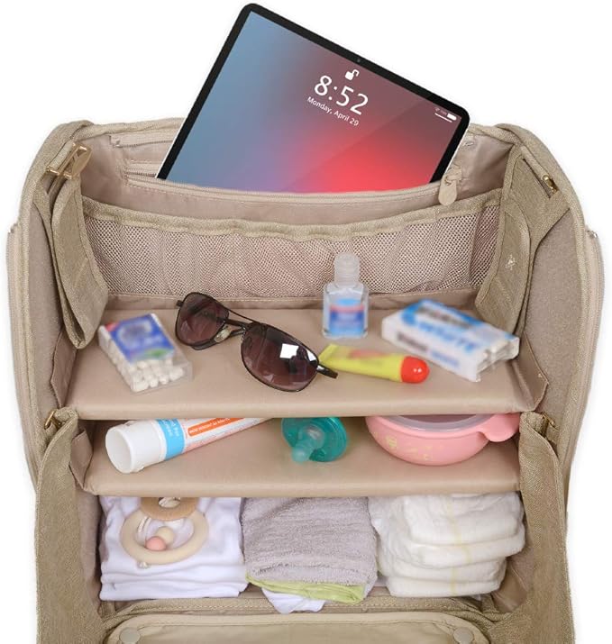 Diaper Bag Backpack Convertible - 800D Reinforced Stitching -Full Open Cabinet and Padded Changing Station, Removable Caddy with Two Drink Holders and Angled Cell Phone Storage for Viewing, Black