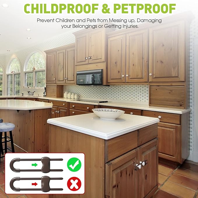 Jetec 10 Pieces Cabinet Locks for Babies, U-Shaped Proofing Drawers Safety Child Locks Adjustable, Easy to Use Childproof Latch for Knob Handle on Kitchen Door Storage Cupboard Closet (Brown)