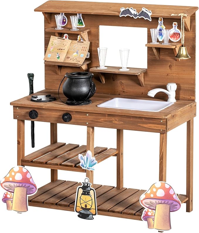 Mud Kitchen Playset for Kids, Wooden Magic Kitchen Set w/Wand, Recipe, Removable Sink, Faucet, Stove, Toddler Outdoor Pretend Play Kitchen, Witch Role Play, Fairy Potion, Gift for Boys Girls