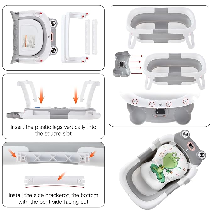 Foldable Baby Bathtub with Cushion & Water Thermometer and Drain Hole, Portable Durable Foldable Baby Bath Tub for Newborn Infants 0-36 Months (Grey)