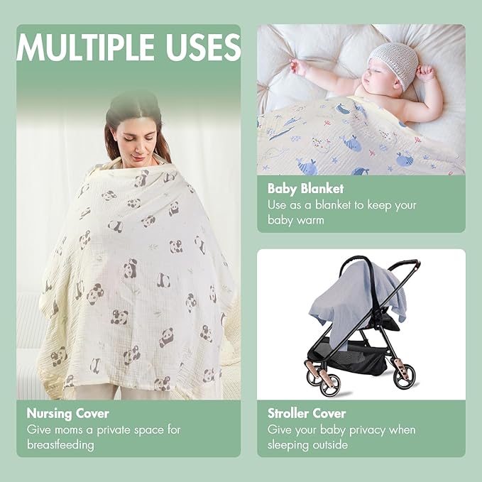 2-Pack Muslin Nursing Covers for Breastfeeding - Breathable Breastfeeding Covers with Arch Neckline, Privacy Nursing Cover for Women and Baby, Gray & Panda