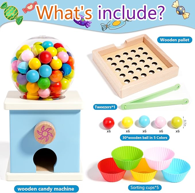 9.6" Wooden Gumball Machine Counting Montessori Toys for 3 4 5 Years Old Boys Girls, Toddler Preschool Learning Activities Toy for Kids Ages 4-8, Birthday Gifts Sensory Toys