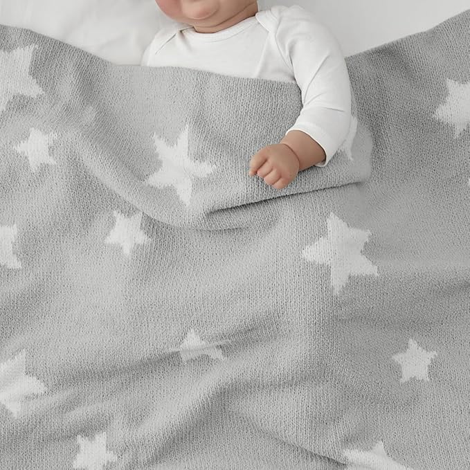CREVENT 30"X40" Cozy Soft Warm Chenille Baby Blanket for Girls Boys, Newborn Essentials for Infant, Baby Shower Receiving Gift - Grey Star