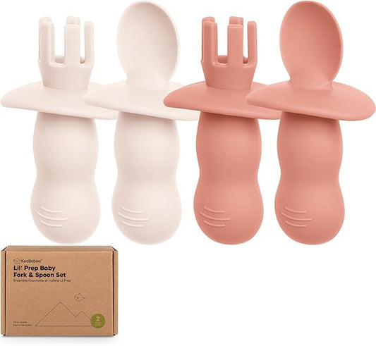 KeaBabies 4-Pack Silicone Baby Spoons and Forks Set - Baby Led Weaning Utensils 6-12 Months, Self Feeding Toddler Spoon & Fork for Training, Teething, Easy to Hold, BPA-Free Silicone (Roseate)