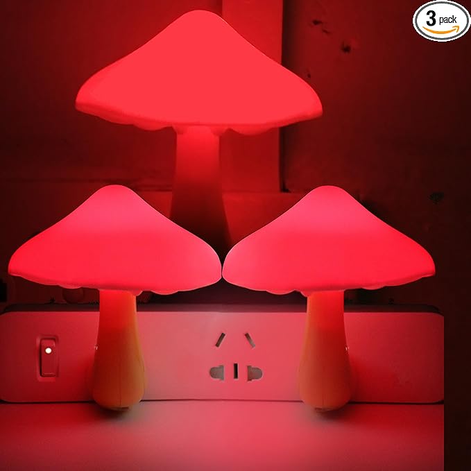 AUSAYE 3 Pack Sensor LED Night Lights Plug in Lamp Mushroom Light for Adults Kids NightLight Bedroom,Bathroom,Toilet,Hallway,Stairs,Kitchen,Basement Red