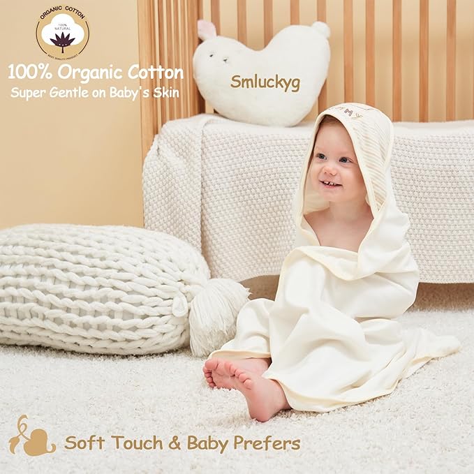 6-Pack Baby Hooded Towel and Washcloths Set, Premium Ultra Soft Reusable 100% Organic Cotton Baby Bath Towel, Baby Blanket for Newborns, Infants, Toddlers, Stripes Bear, 37.5 x 37.5 Inch
