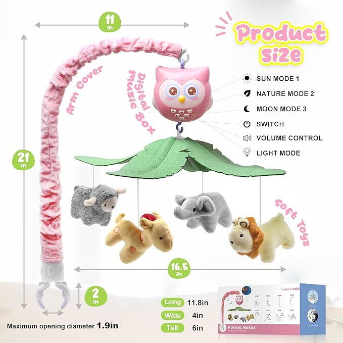 Baby Crib Mobile with Music and Lights for Boys Musical Mobile Animals for Crib Bassinet Girls Toys Hanging Portable Safari Nursery Decor Pink