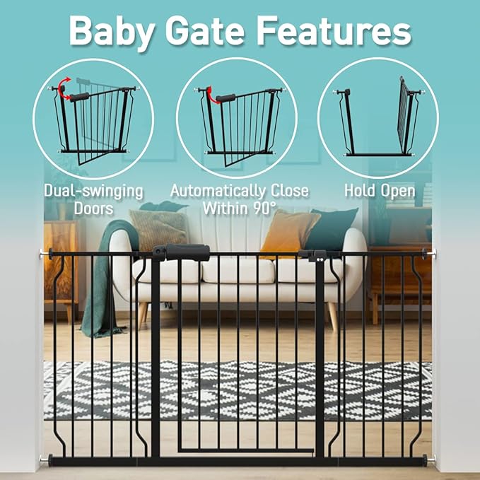 WAOWAO Baby Gate 76.38-81.10" Extra Wide Pressure Mounted Walk Through Swing Auto Close Safety Black Metal Toddler Kids Child Dog Pet Puppy for Stairs,Doorways,Kitchen