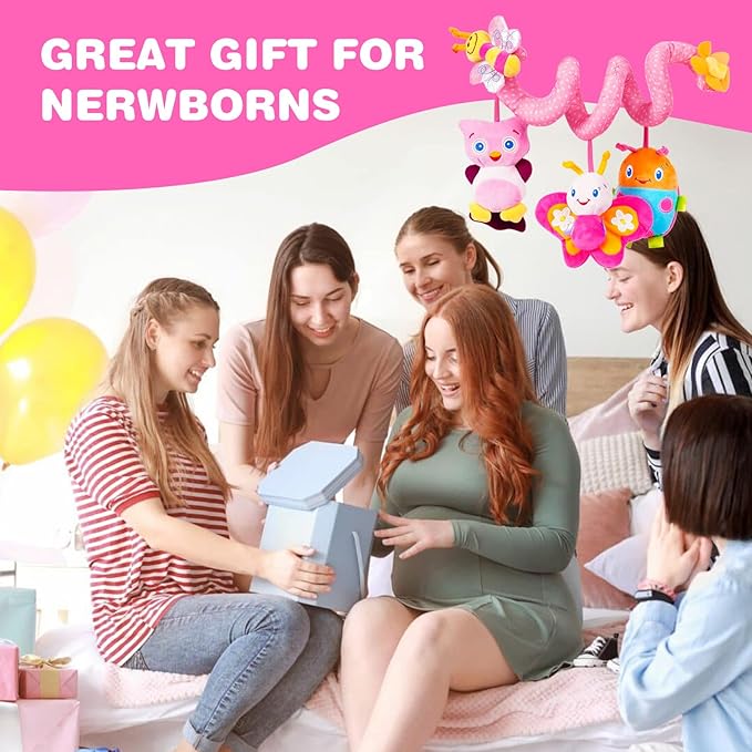 Jollybaby Crib Stroller Car Seat Toys for Baby 0-3-6-9-12 Months, Tummy Time Hanging Sensory Toys for Newborn with Music Box and Teether, Spiral Carseat Toy for Infant Boys Girls Gifts (13-Pink)