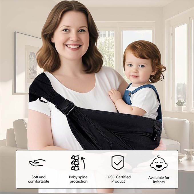 Plus Size Baby Sling Carrier - Baby Carrier Extended Adjustable Design for Larger Kids, Breathable Anti-Slip Support up to 45 lbs, ASTM Certified (Plus-Black)