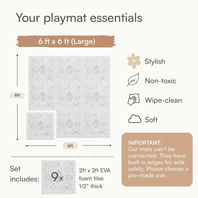 Lillefolk Baby Play Mat for Floor – 6x6ft Vintage Gray | Soft Non Toxic Premium EVA Foam Tiles for Tummy Time, Crawling & Playroom – Waterproof Interlocking Floor Mat for Babies & Toddlers (9 Tiles)