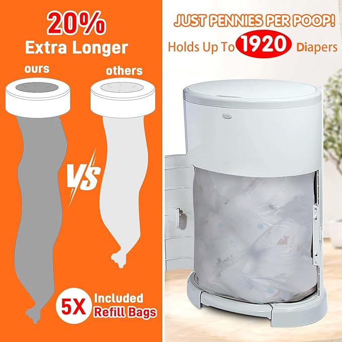 5 Pack Refills Compatible with DEKOR MINI Diaper Pails | 20% Extra Length Diaper Pail Refill Bags Liners Holds 1920 Diapers | Ultimate Odor Control with Baby Scented