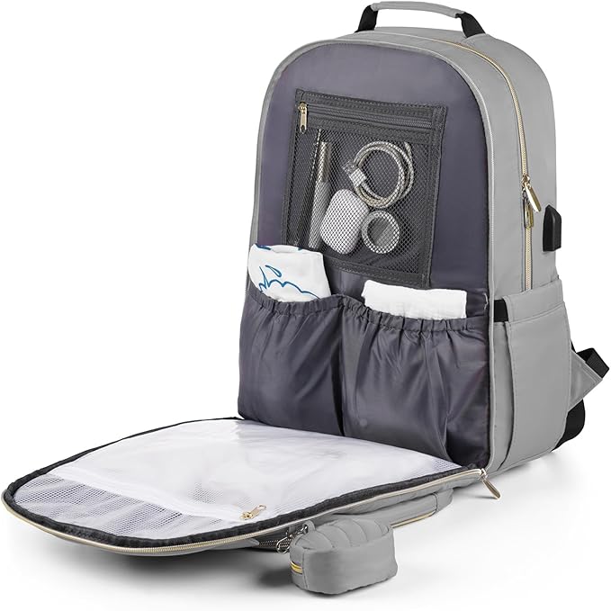 MOMUVO Diaper Bag Backpack, Quilted Baby Bag with Changing Pad and Stroller Straps and Pacifier Case, Large Travel Diaper Bags for Mom Dad, Grey