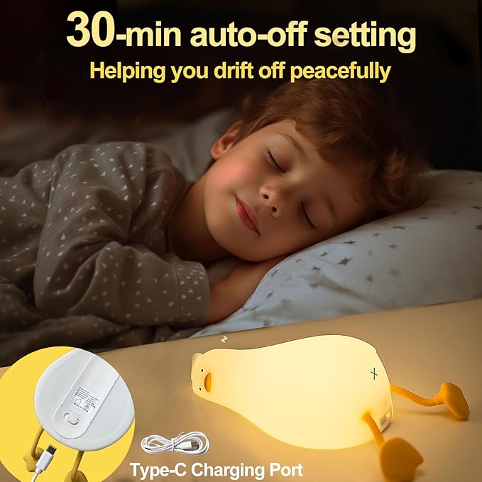 Kibbidea Cute Duck Night Light, Lazy Duck Squishy Lamp Touch Control, Non-Toxic Silicone, Funny Bedside Animal Nightlight with Timer & Rechargeable for Kids Room Desk Decor, Gifts for Girl,Boy,Women