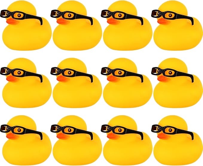 Chivao 12 Pcs Rubber Ducks with 12 Sunglasses/ Hats/ Headwear Small Mini Carnival Cruise Birthday Rubber Duckies Bathtub Toys in Bulk(Duck with Glasses,Yellow)