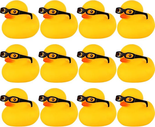 Chivao 12 Pcs Rubber Ducks with 12 Sunglasses/ Hats/ Headwear Small Mini Carnival Cruise Birthday Rubber Duckies Bathtub Toys in Bulk(Duck with Glasses,Yellow)
