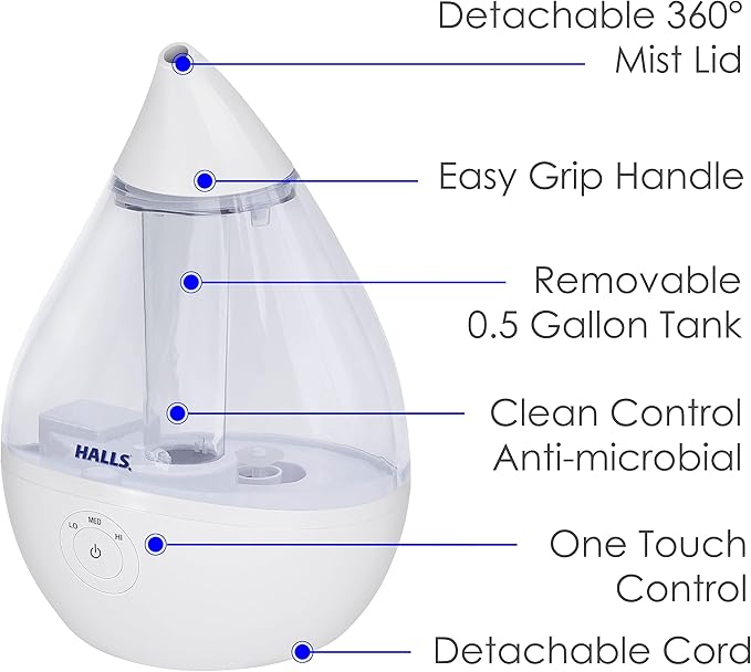 Crane x HALLS Droplet Ultrasonic Small Air Humidifiers for Bedroom and Office, 0.5 Gallon Cool Mist Humidifier for Plants and Home, Humidifier Filters Optional