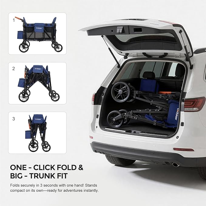 Elite 4-Seater Wagon Stroller for 2-4 Kids, One-Hand Fold, High Seats with 5 Point Harness, Adjustable Handle & Canopy, Blue