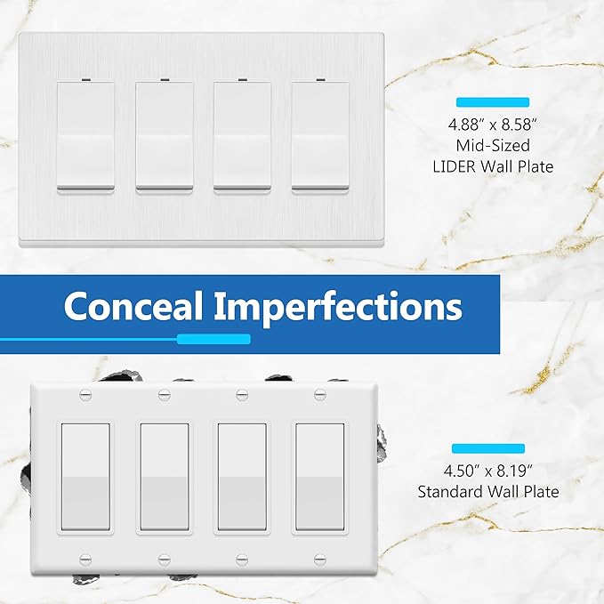 LIDER Brushed Finish Decorator Switch Cover, Screwless Wall Plate, Mid-Size 4-Gang 4.88" x 8.58", Unbreakable Polycarbonate Thermoplastic, UL Listed, LSWP-34M-BW, Brushed White