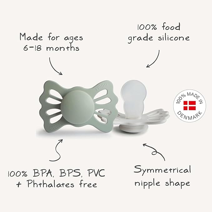FRIGG Lucky Symmetrical SilkySoft Silicone Baby Pacifier | Made in Denmark | BPA-Free (Sage/Silver Gray, 6-18 Months)