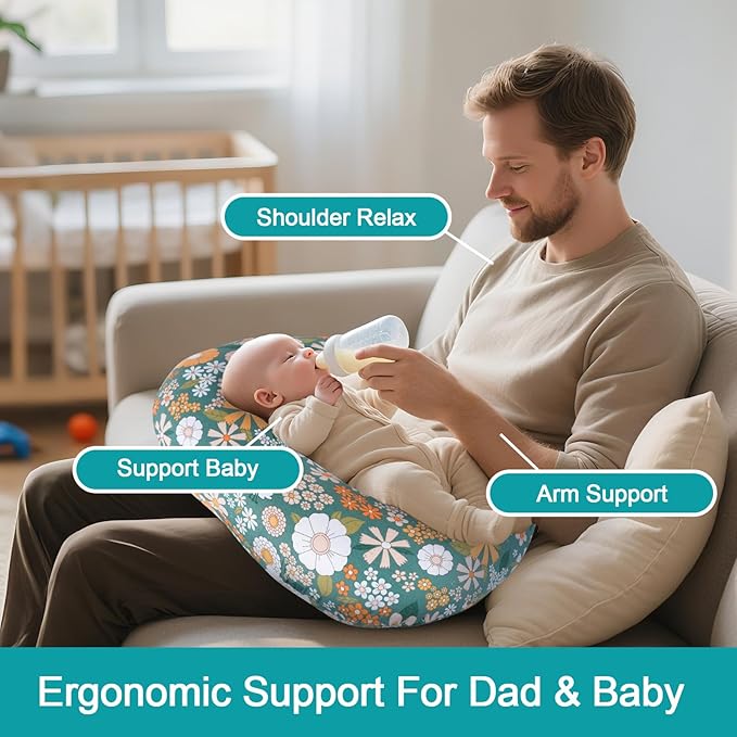 Nursing Pillow, Breastfeeding Pillow with Removable Cotton Cover, Baby Feeding Pillow for Mom Easier Breast Feeding and Bottle Feeding, Breastfeeding Support Cushion for Newborn (Flower Green)