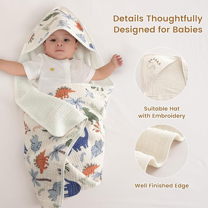david's kids 2 Pack Hooded Baby Towels, Large 32"x32", 6 Layer 100% Muslin Cotton Highly Absorbent Boy Bath Towel for Newborn, Infant and Toddler, Soft and Breathable Baby Essentials, Dinosaur Story