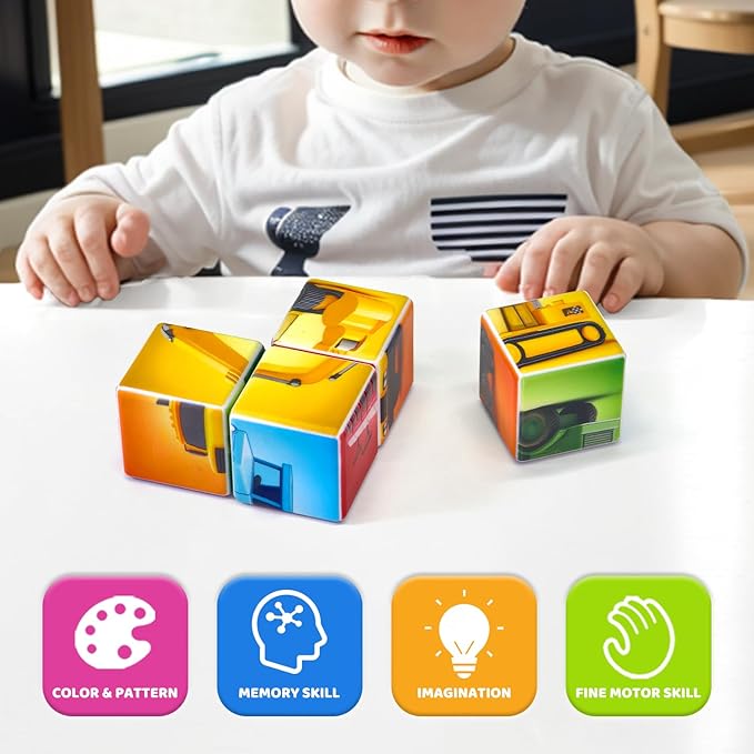 Magnetic Cubes for Toddler, 1.65 inch Large Building Blocks Tiles, Construction Vehicles Puzzles Game for Toddlers, STEM Educational Learning Toys for Boys & Girls Ages 1 2 3