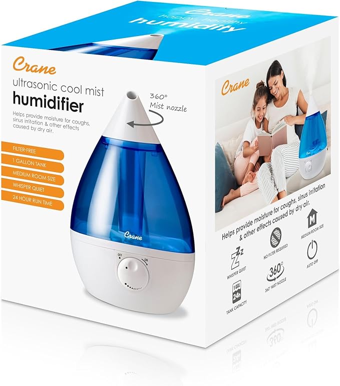 Crane Ultrasonic Cool Mist Teardrop Humidifier for Baby Nursery, Bedroom, Office, Large Room, Adjustable Humidity, Auto Shut-Off, Easy Clean Blue & White 1 Gallon