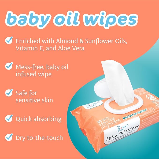 The Pharma-C Company Baby Oil Wipes. (60 Wipes) Enriched with Almond and Sunflower Oils, Aloe and Vitamin E.