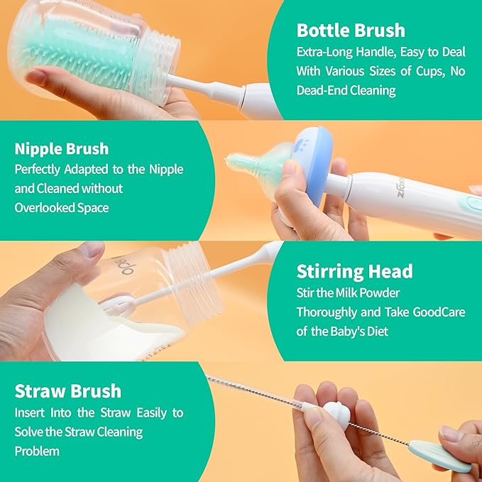 Electric Bottle Brush Cleaner, Portable Electric Baby Bottle Brush Cleaner for Travel, Rechargable Travel Bottle Cleaner Kit with Nipple & Straw Brush, Perfect Mom Essentials After Birth Gift, Green