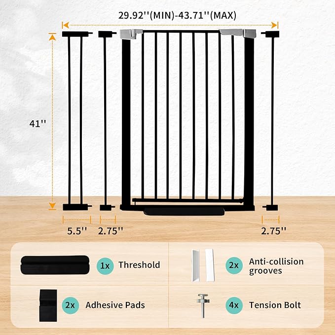 41 Inch Tall Baby Gate Auto Close Dog Gate Adjustable 29.92"-43.71" Wide Pressure Mounted Walk Through Swing Pet Gate for Doorways (Black, 29.92"-43.71" Wide)