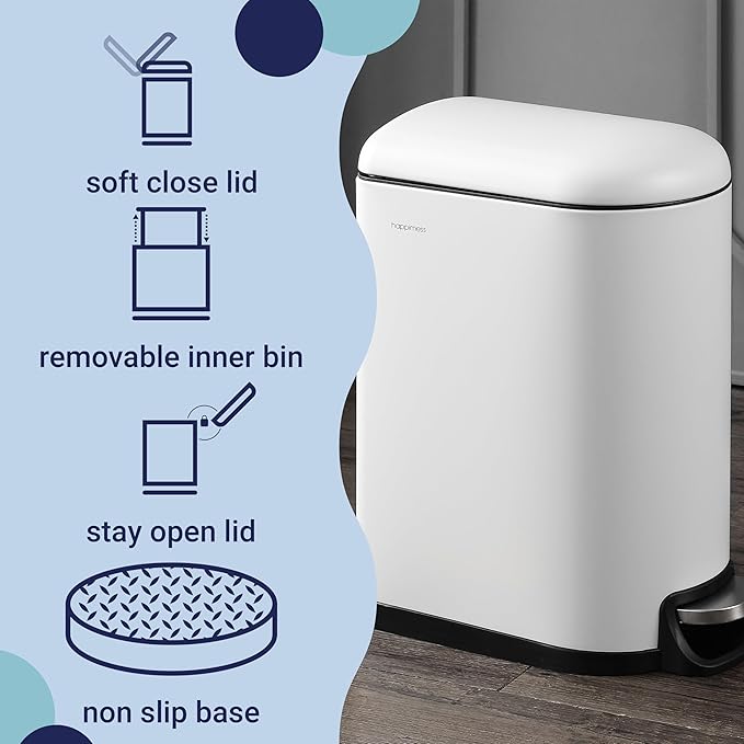 happimess HPM1010C Roland 10.6-Gallon Step-Open Trash Can with Soft-Close Lid, Modern, Minimalistic, Fingerprint Proof for Home, Kitchen, Laundry Room, Office, Bedroom, Bathroom, White