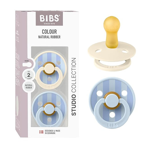 BIBS Pacifiers - Studio 2 Pack | Round Nipple Baby Pacifier | BPA Free Natural Rubber Latex Soother | Made in Denmark | Size 6+ Months | Block Baby Blue Dusty Blue