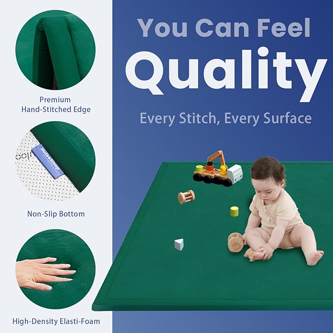 Baby Play Mat for Floor,1.3" Thick Elasti-Foam 50x50 Playpen Mats for Toddlers Infant Kids,Water-Repellent Soft Coral Velvet Tummy Time,Non Slip Crawling Rug,Tatami Mats(Dark Green)