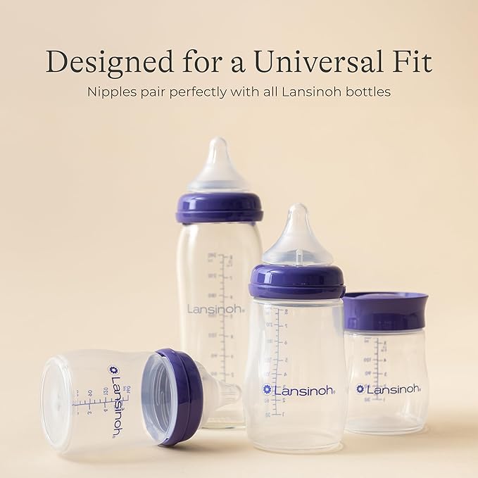 Lansinoh Anti-Colic Baby Bottles for Breastfeeding Babies, 5 Ounces, 4 Count, Includes 4 Extra Slow Flow Nipples, Size XS