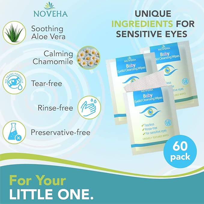 NOVEHA 60PCs Baby Eye Wipes | Safe & Natural Eyelid & Lash Wipes | Non Irritating, Tear Free, Hypoallergenic & Preservative free | Organic Baby Wipes for Sensitive Skin | Soothing and Moisturizing