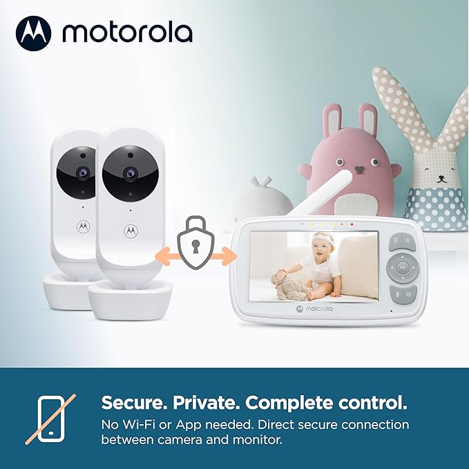 Motorola Nursery Baby Monitor Long Range with 2 Cameras and Audio, 4.3" Screen, 2-Way Audio VM34, No WiFi Needed, Manual Tilt/Pan, Digital Zoom, Lullabies, Temperature Sensor