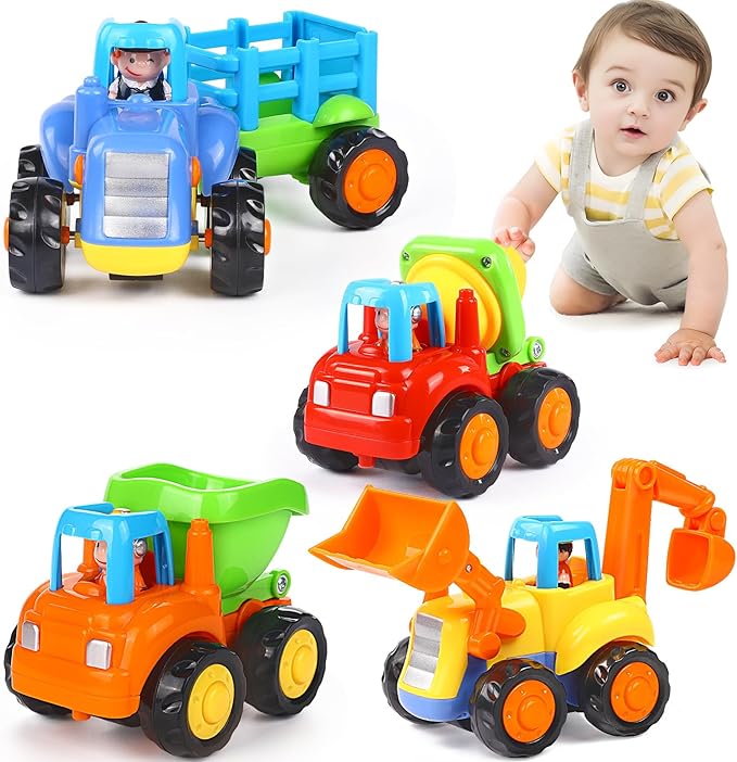 Inertia Toy Early Educational Toddler Baby Toy Friction Powered Cars Push and Go Cars Tractor Bulldozer Dumper Cement Mixer Engineering Vehicles Toys for Children Boys Girls Kids Gift 4PCS
