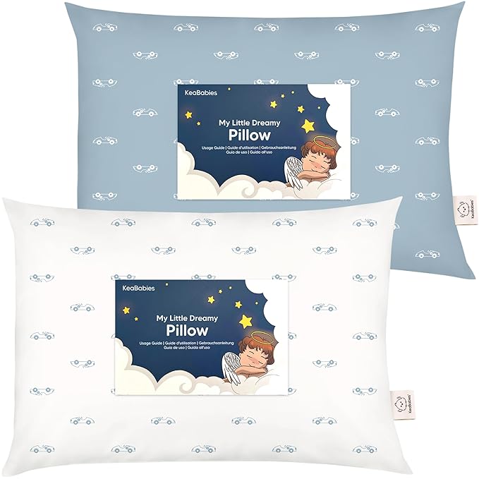 KeaBabies 2-Pack Toddler Pillow 13x18 - Soft Organic Cotton Kids Travel Bed Pillows for Sleeping, School, Nap, Machine Washable, Toddlers 2 to 5, Pillowcase Sold Separately (Roadsters)