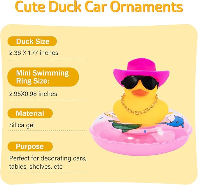 wonuu Car Rubber Duck, Yellow Duck Decoration Dashboard with Sun Hat Swim Ring Necklace Sunglasses for Car Dashboard Decorations