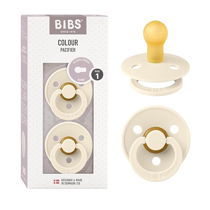 BIBS Pacifiers Colour Collection | Natural Rubber Baby Pacifier | Round Nipple | Set of 2 BPA-Free Soothers | Made in Denmark | 0+ Months (Pack of 2) | Ivory