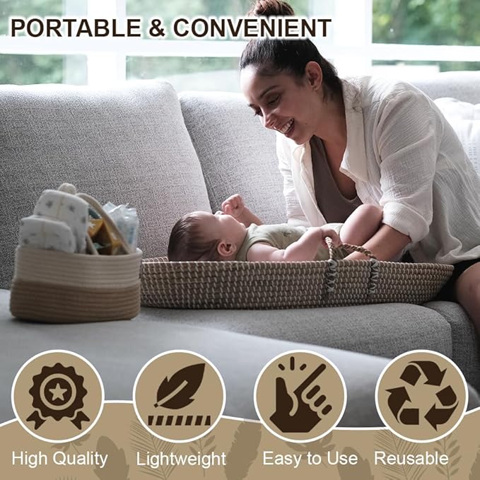 ZEAL'N LIFE Seagrass Baby Changing Basket Set – Portable Diaper Changing Station for Dresser & Table | Waterproof Changing Pad, Baby Towel & Diaper Caddy | Nursery Changing Table & Baby Gift Idea