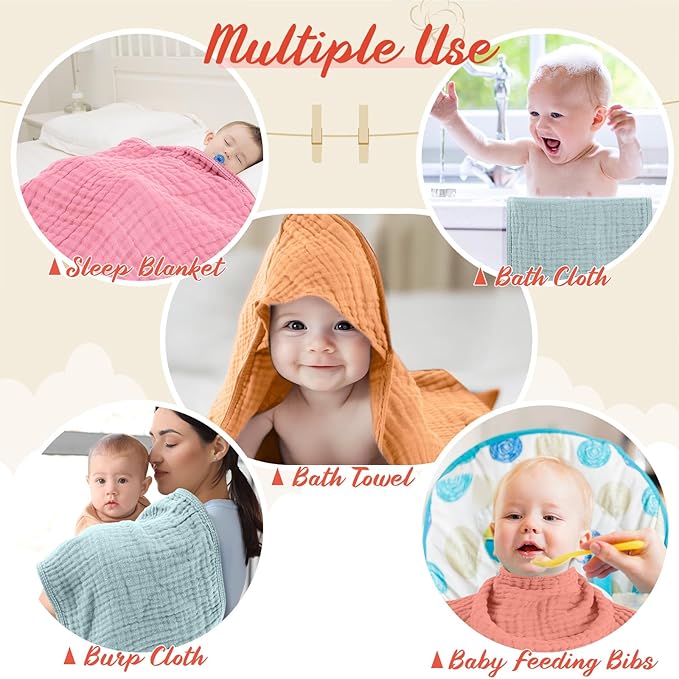 VitalCozy 8 Pcs Baby Muslin Hooded Bath Towels and Washcloths, 32 x 32 Inch Muslin Cotton Hooded Baby Towels Absorbent Blankets for Gift Newborn Infant Shower (Classical Color)