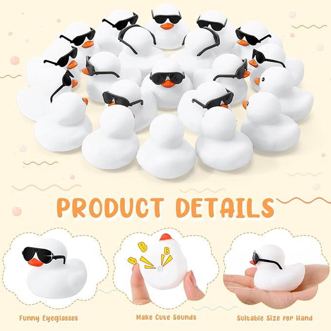 Sosation 36 Packs Mini Rubber Ducks with Sunglasses Sets 2.2 Inch Bath Squeaky Rubber Duckies Cute Float Bathtub Toys for Christmas Birthday Party Favors Class Prizes Car Decor(White)