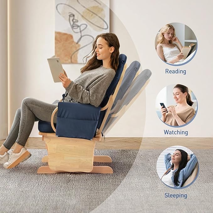 Rubber Wood Gliding Rocking Chair for Nursery, Velvet Frabic Rocking Chair Glider Rocker with Arm Rest, Padded Cushion for Living Room Bedroom Reading Room, 280lbs Weight Capacity, Blue